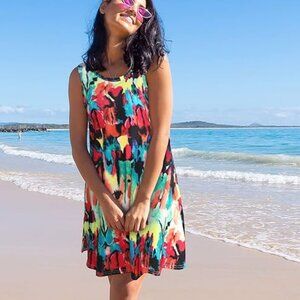 Beach Casual Sleeveless Floral Print Tank Loose Sundress with Pocket